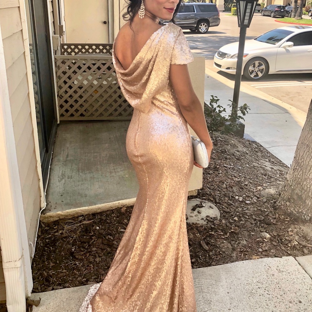 Beautiful champagne boatneck sequin gown